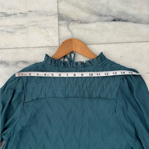 Vintage Notations Blouse Teal Smocked Lined Button Cottage Peasant Romantic LG - Picture 9 of 11